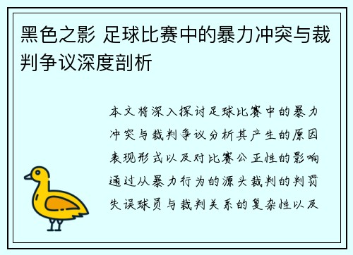 黑色之影 足球比赛中的暴力冲突与裁判争议深度剖析