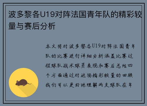 波多黎各U19对阵法国青年队的精彩较量与赛后分析