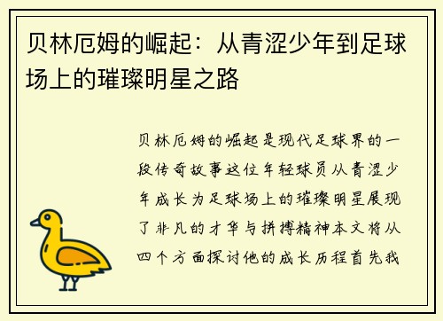 贝林厄姆的崛起：从青涩少年到足球场上的璀璨明星之路