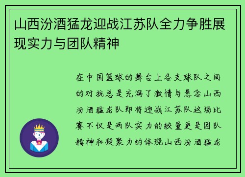 山西汾酒猛龙迎战江苏队全力争胜展现实力与团队精神