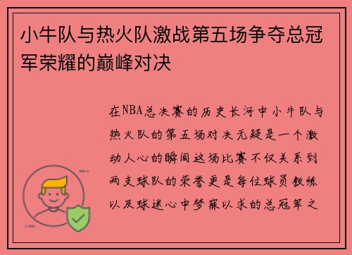 小牛队与热火队激战第五场争夺总冠军荣耀的巅峰对决