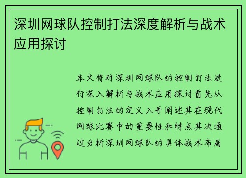 深圳网球队控制打法深度解析与战术应用探讨