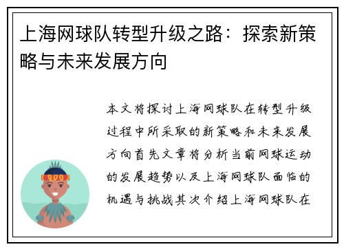 上海网球队转型升级之路：探索新策略与未来发展方向